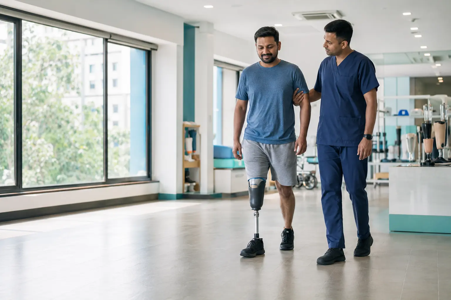 Adult prosthetic-leg user walking beside a prosthetist during gait training